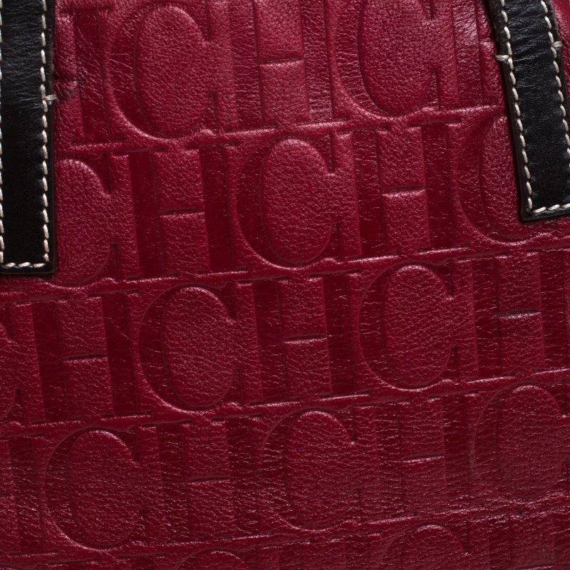 Carolina Herrera Red/Dark Brown Monogram Embossed Leather Shopper Tote Women