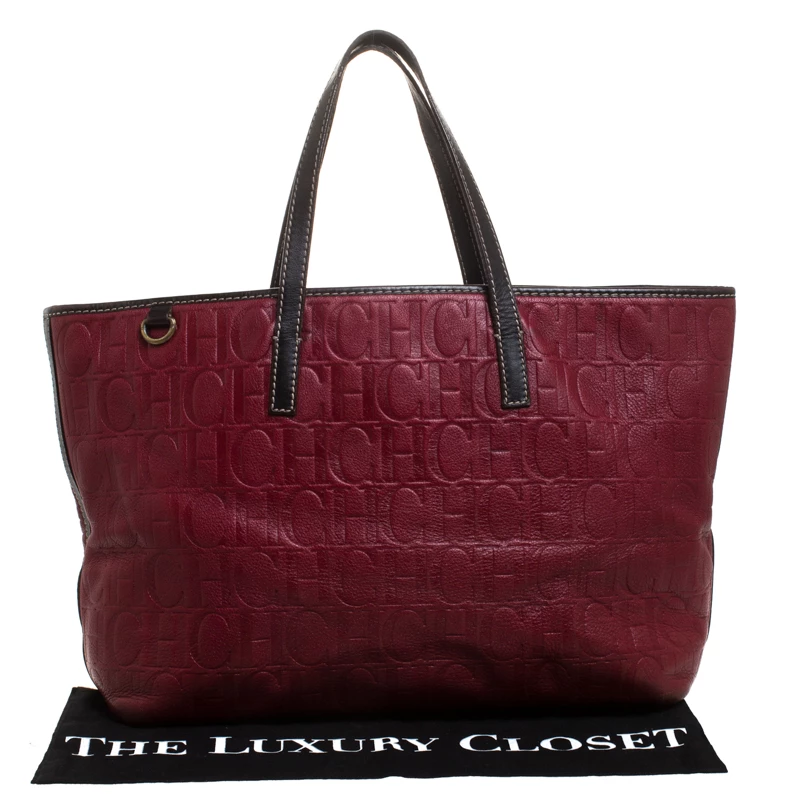Carolina Herrera Red/Dark Brown Monogram Embossed Leather Shopper Tote Women