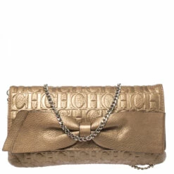 Carolina Herrera Gold Monogram Embossed Leather Bow Shoulder Bag Women