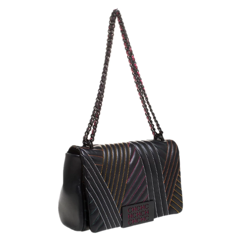 Carolina Herrera Black Quilted Leather Bimba Flap Shoulder Bag Women