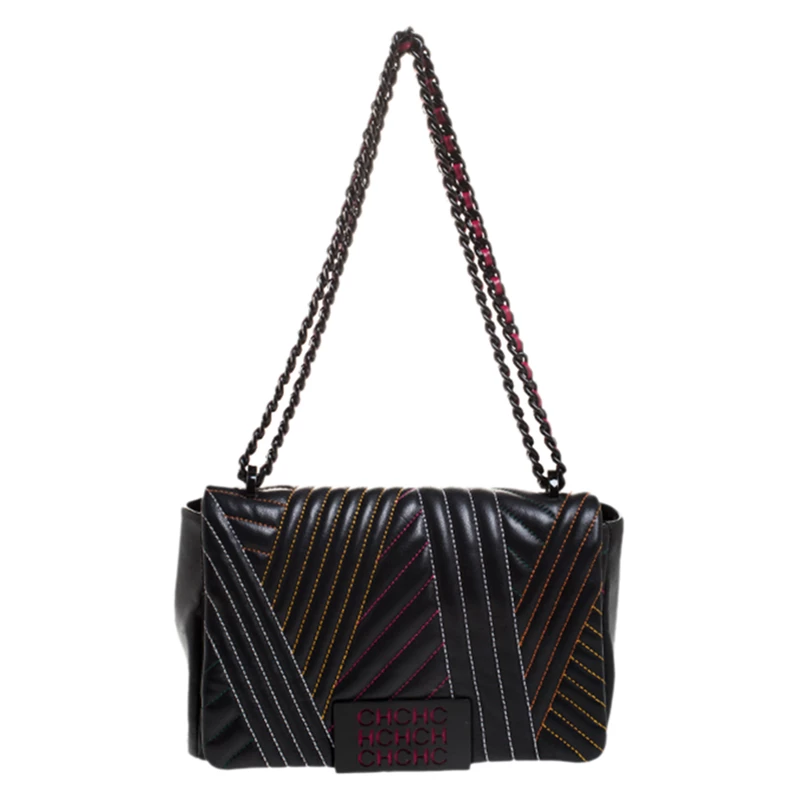 Carolina Herrera Black Quilted Leather Bimba Flap Shoulder Bag Women