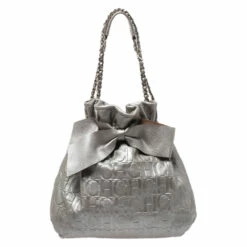 Carolina Herrera Metallic Silver Embossed Leather Bow Bucket Shoulder Bag Women