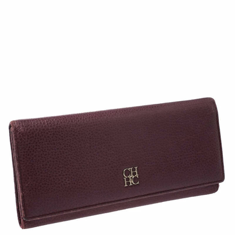 Carolina Herrera Burgundy Leather Long Trifold Wallet Women