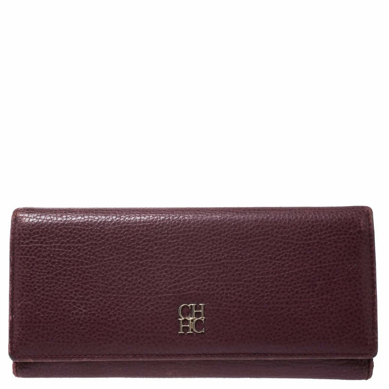 Carolina Herrera Burgundy Leather Long Trifold Wallet Women