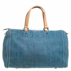 Carolina Herrera Light Blue Monogram Leather Large Andy Boston Bag Women