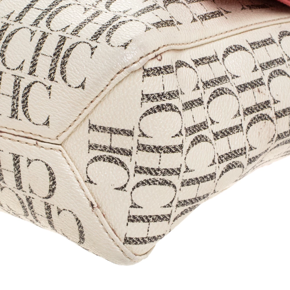 Carolina Herrera Beige/Red Monogram Coated Canvas Flap Crossbody Bag Women