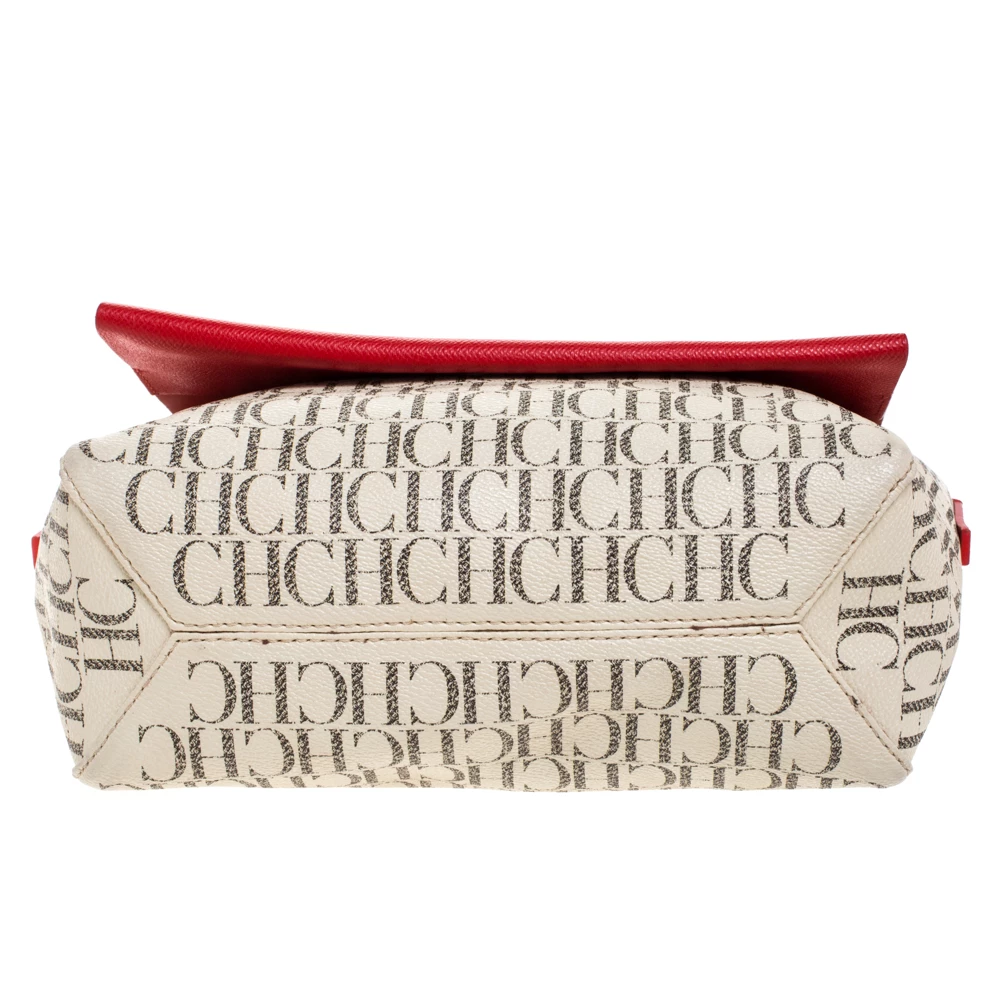 Carolina Herrera Beige/Red Monogram Coated Canvas Flap Crossbody Bag Women