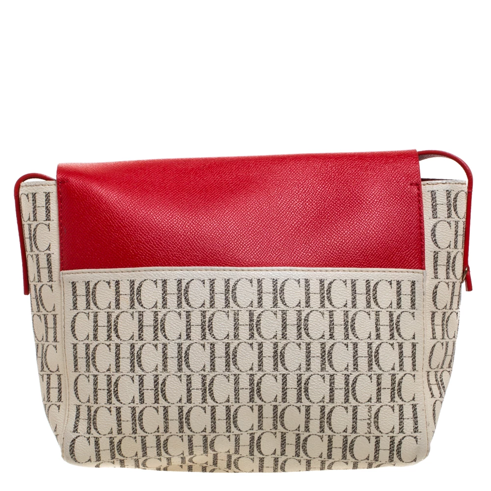 Carolina Herrera Beige/Red Monogram Coated Canvas Flap Crossbody Bag Women