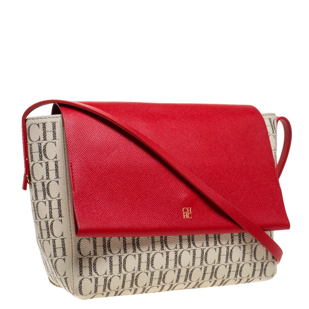 Carolina Herrera Beige/Red Monogram Coated Canvas Flap Crossbody Bag Women