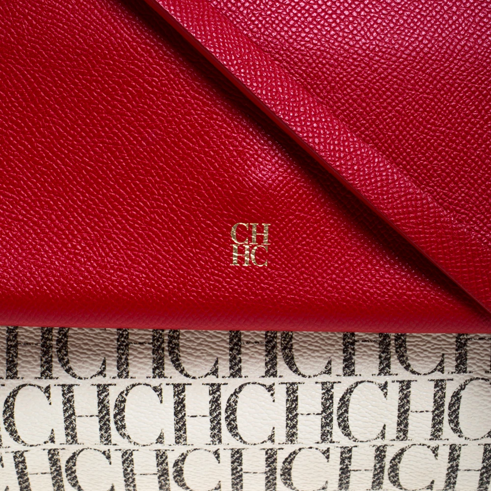 Carolina Herrera Beige/Red Monogram Coated Canvas Flap Crossbody Bag Women