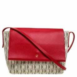 Carolina Herrera Beige/Red Monogram Coated Canvas Flap Crossbody Bag Women