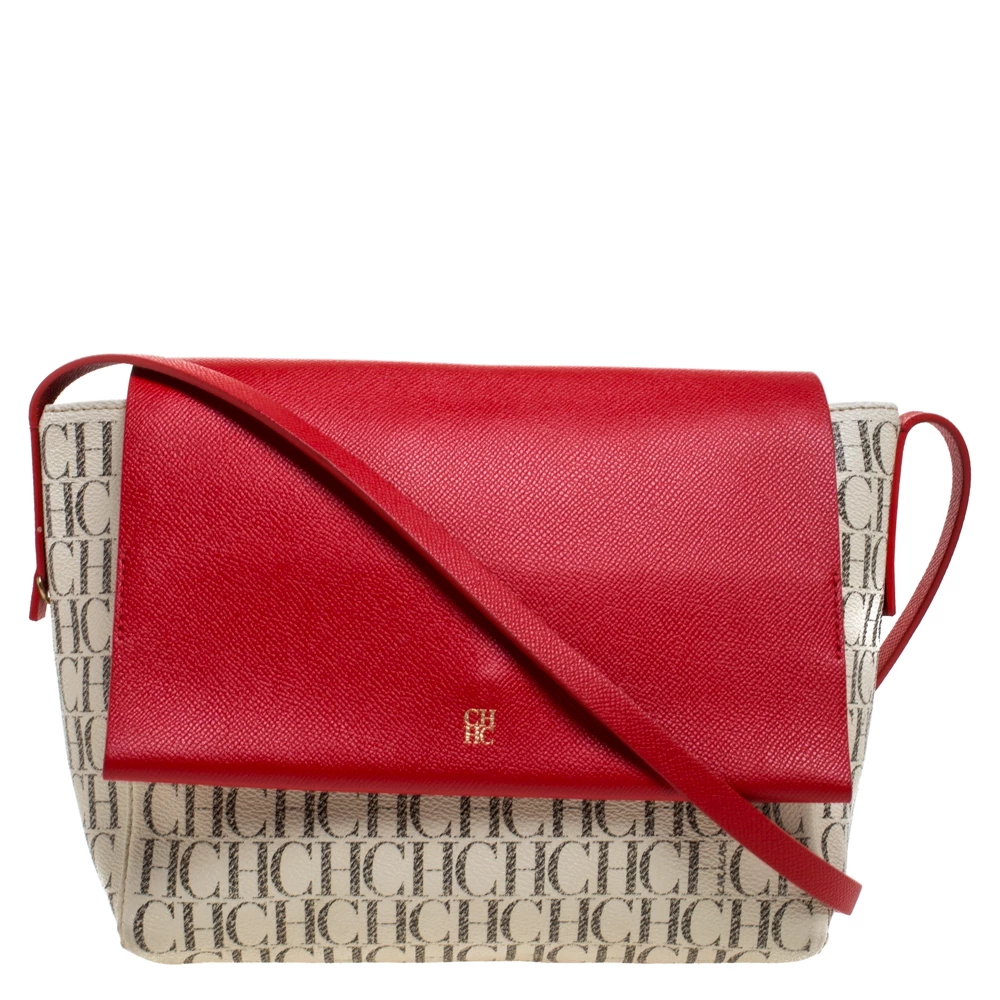 Carolina Herrera Beige/Red Monogram Coated Canvas Flap Crossbody Bag Women