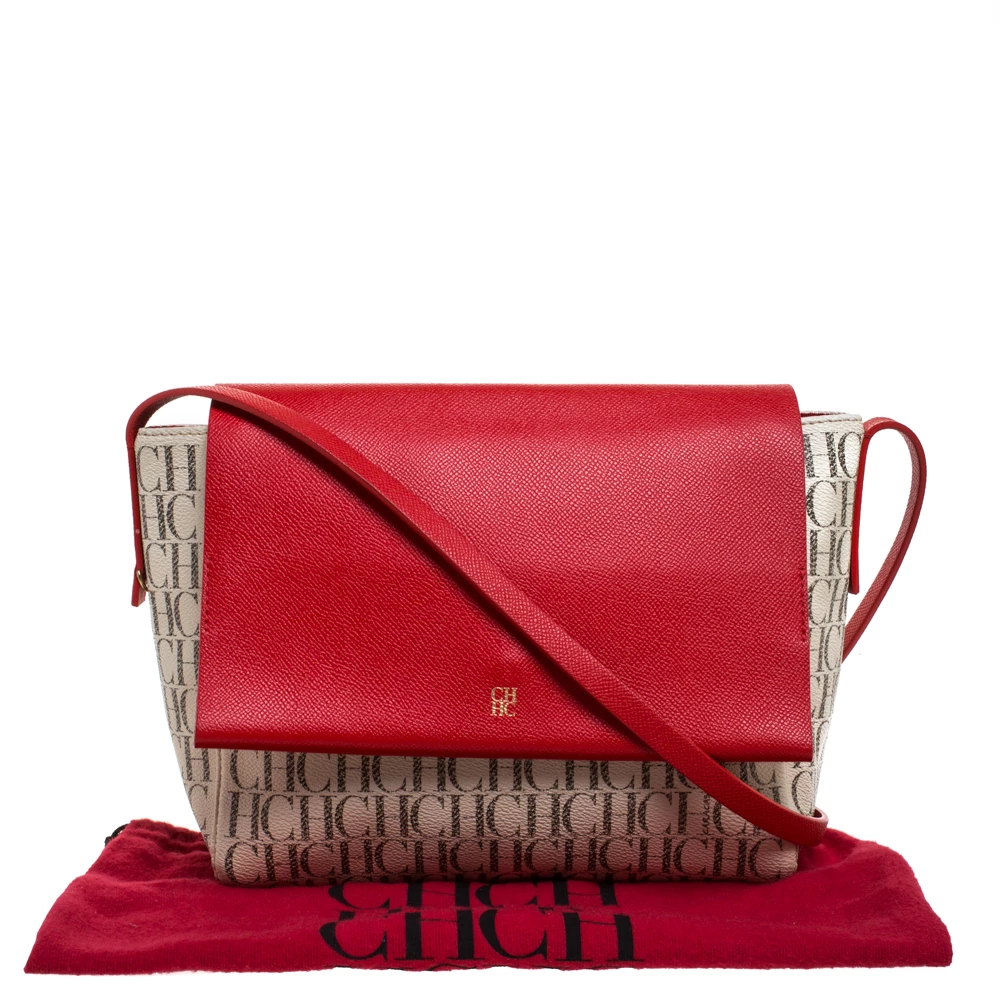 Carolina Herrera Beige/Red Monogram Coated Canvas Flap Crossbody Bag Women