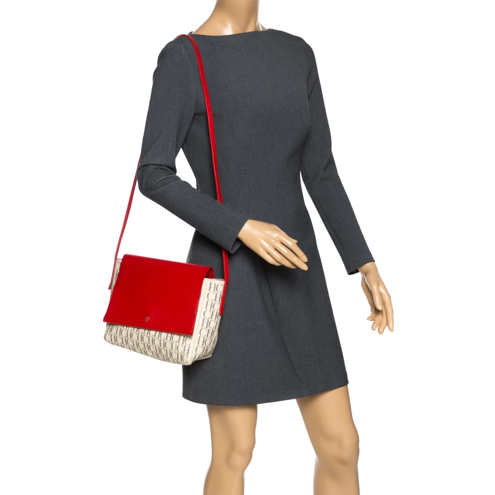 Carolina Herrera Beige/Red Monogram Coated Canvas Flap Crossbody Bag Women