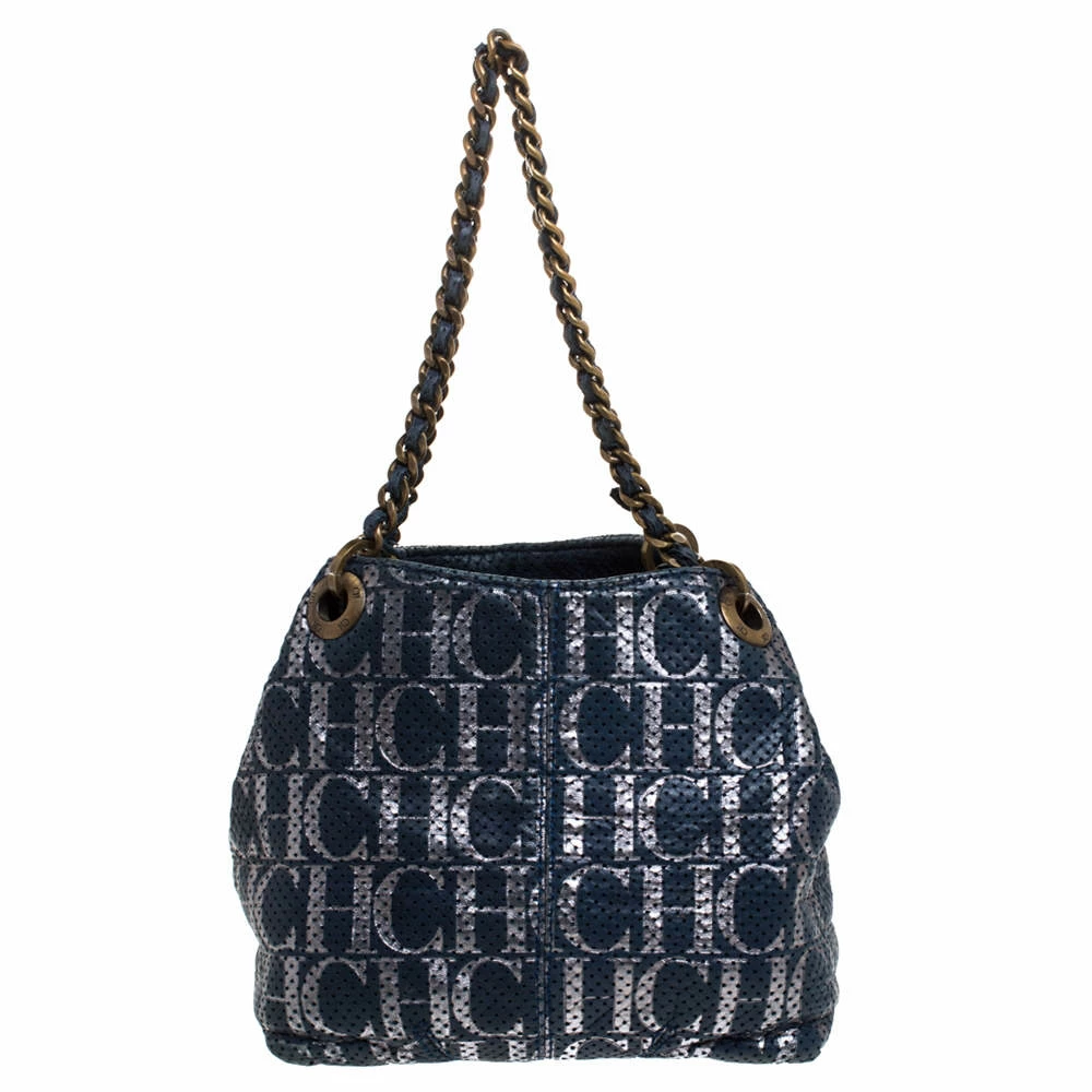 Carolina Herrera Blue Monogram Leather Chain Shoulder Bag Women