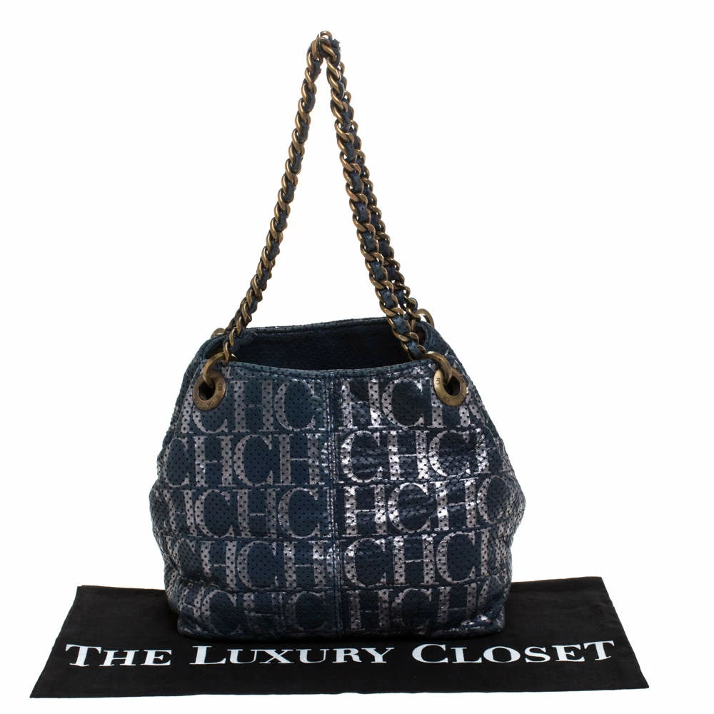 Carolina Herrera Blue Monogram Leather Chain Shoulder Bag Women