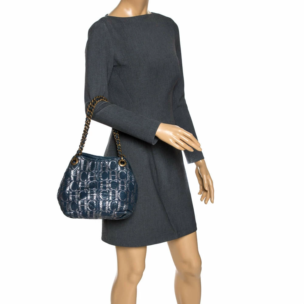 Carolina Herrera Blue Monogram Leather Chain Shoulder Bag Women