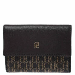 Carolina Herrera Brown Monogram Leather Tri Fold Compact Wallet Women