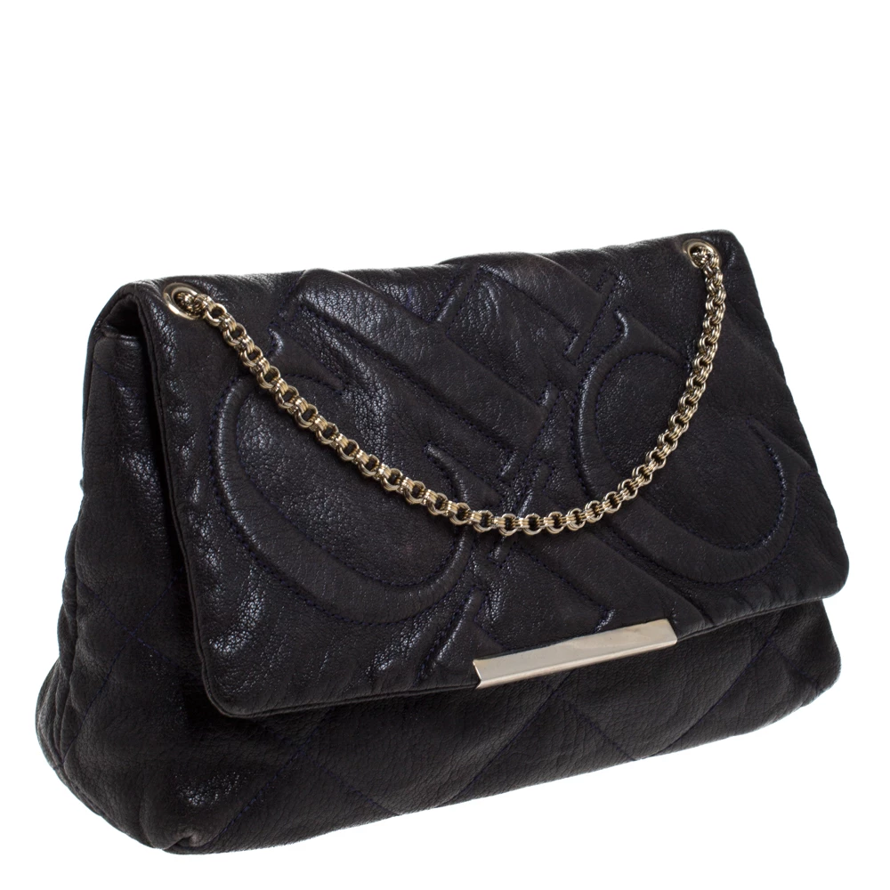 Carolina Herrera Navy Blue Leather Flap Shoulder Bag Women