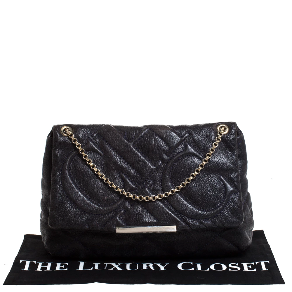 Carolina Herrera Navy Blue Leather Flap Shoulder Bag Women