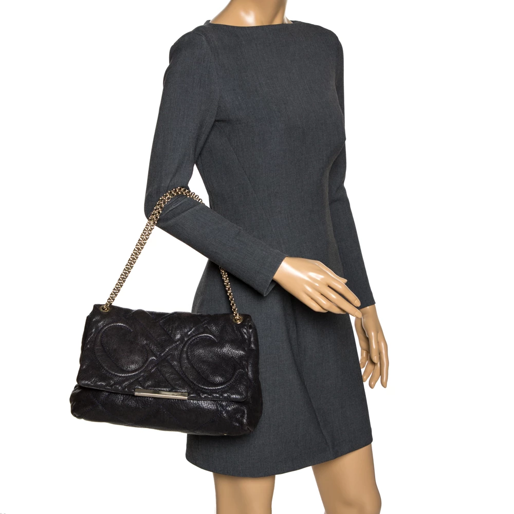 Carolina Herrera Navy Blue Leather Flap Shoulder Bag Women