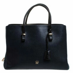 Carolina Herrera Navy Blue/Black Leather Zip Tote Women