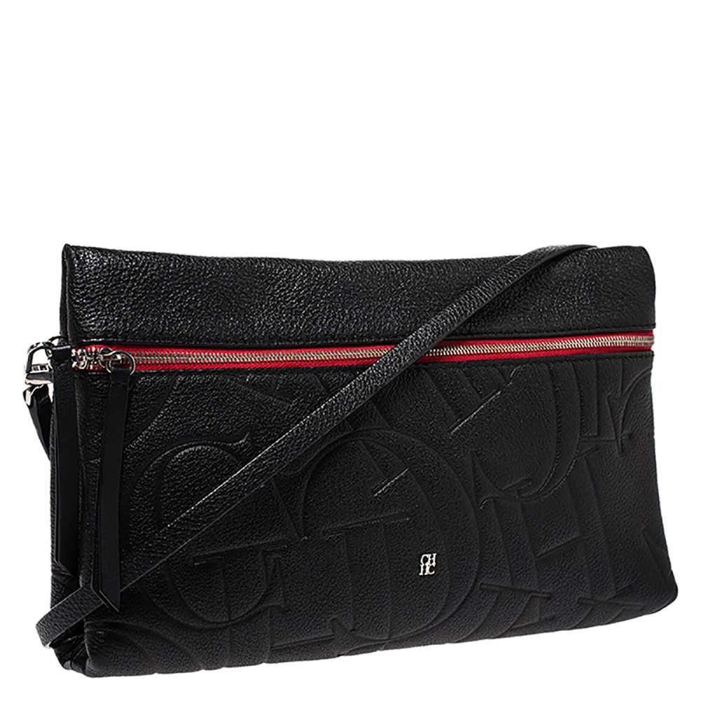 Carolina Herrera Black Leather Front Zip Crossbody Bag Women