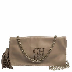 Carolina Herrera Beige Perforated Logo Leather Flap Tassel Shoulder Bag Women