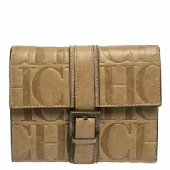 Carolina Herrera Beige Monogram Leather Buckle Flap Compact Wallet Women - Cream