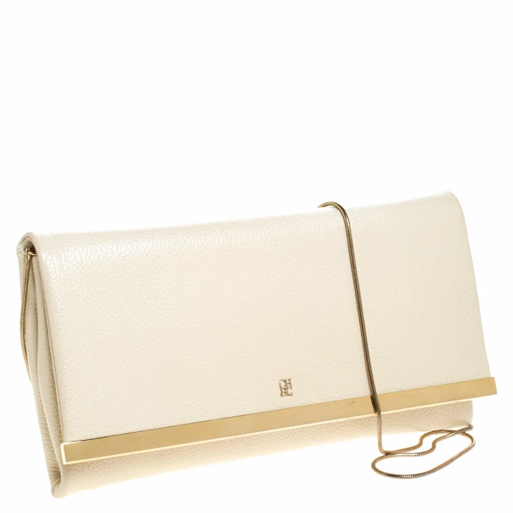 Carolina Herrera Light Cream Leather Flap Chain Clutch Women