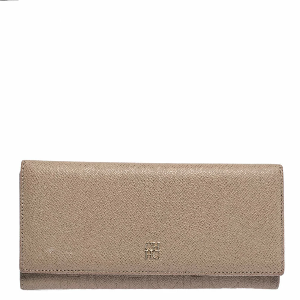 Carolina Herrera Beige Leather Continental Flap Wallet Women