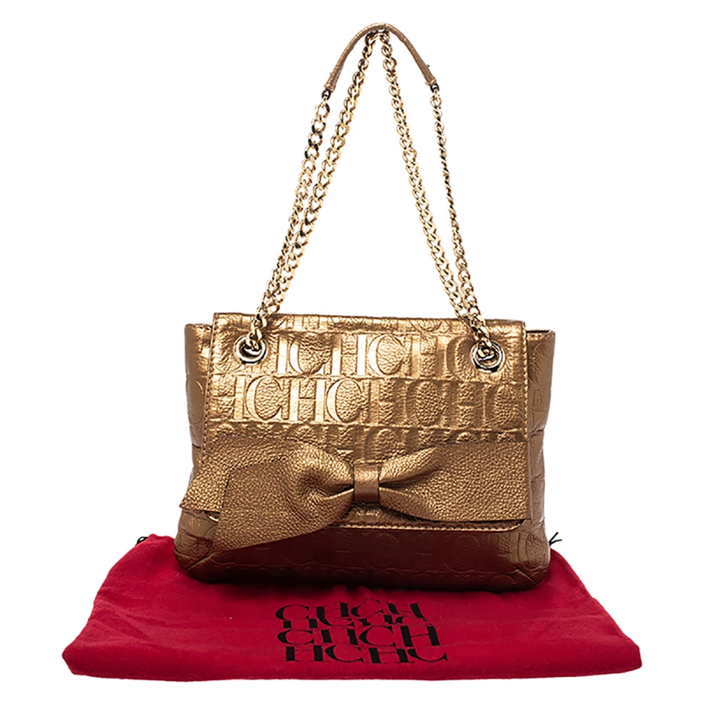 Carolina Herrera Metallic Gold Monogram Leather Audrey Shoulder Bag Women