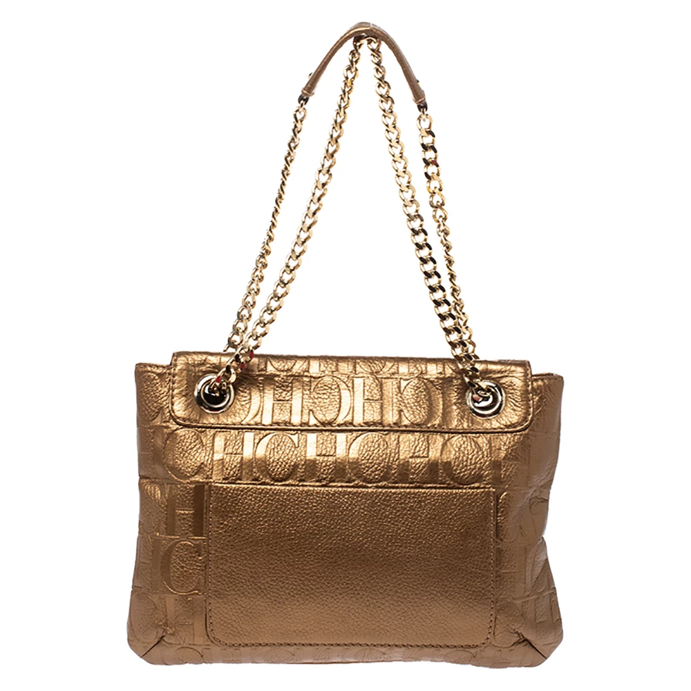 Carolina Herrera Metallic Gold Monogram Leather Audrey Shoulder Bag Women