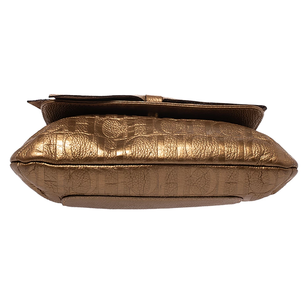 Carolina Herrera Metallic Gold Monogram Leather Audrey Shoulder Bag Women