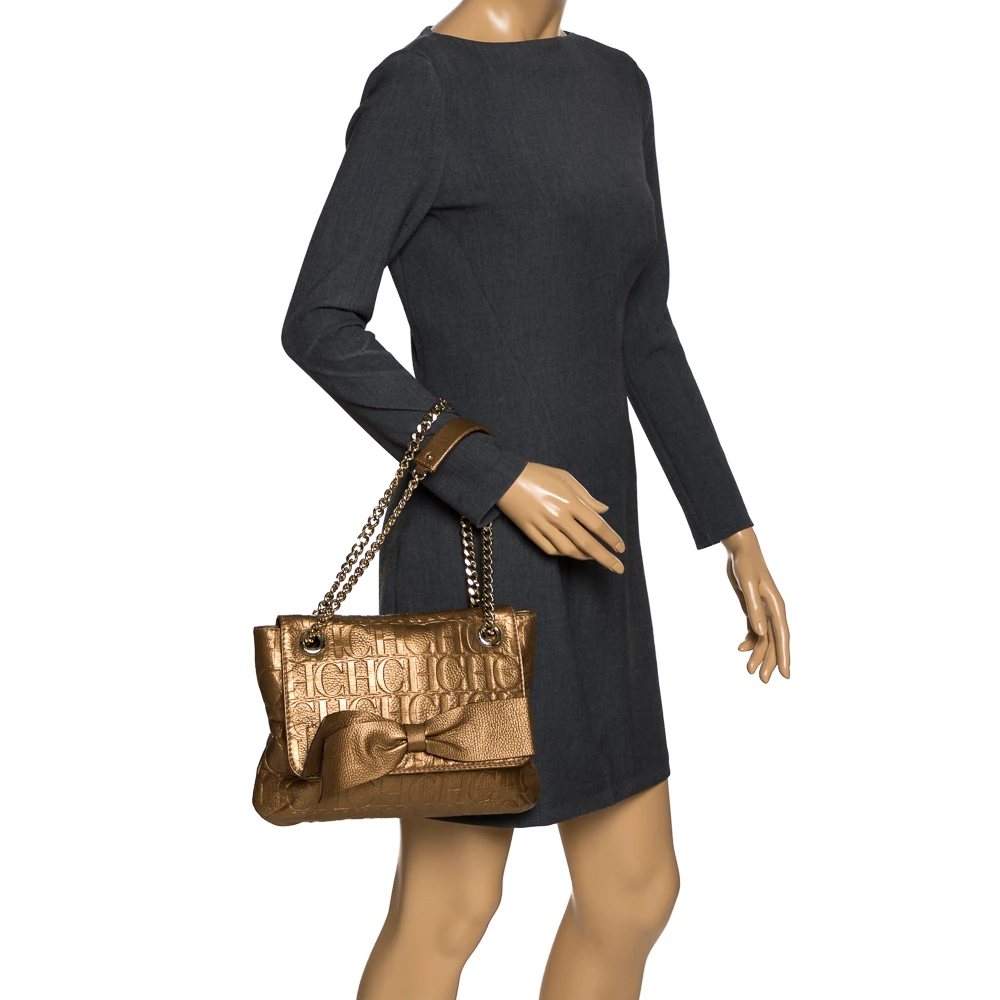 Carolina Herrera Metallic Gold Monogram Leather Audrey Shoulder Bag Women