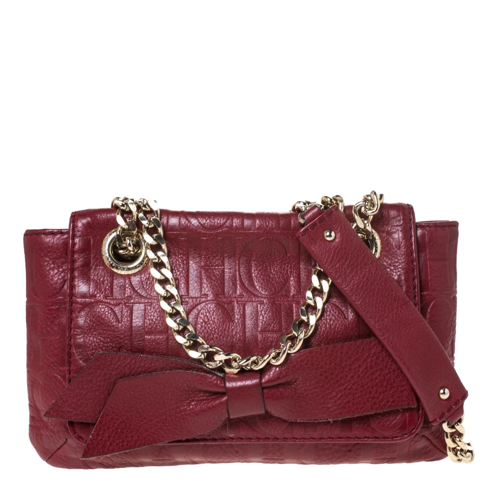 Carolina Herrera Burgundy Monogram Leather Audrey Shoulder Bag Women