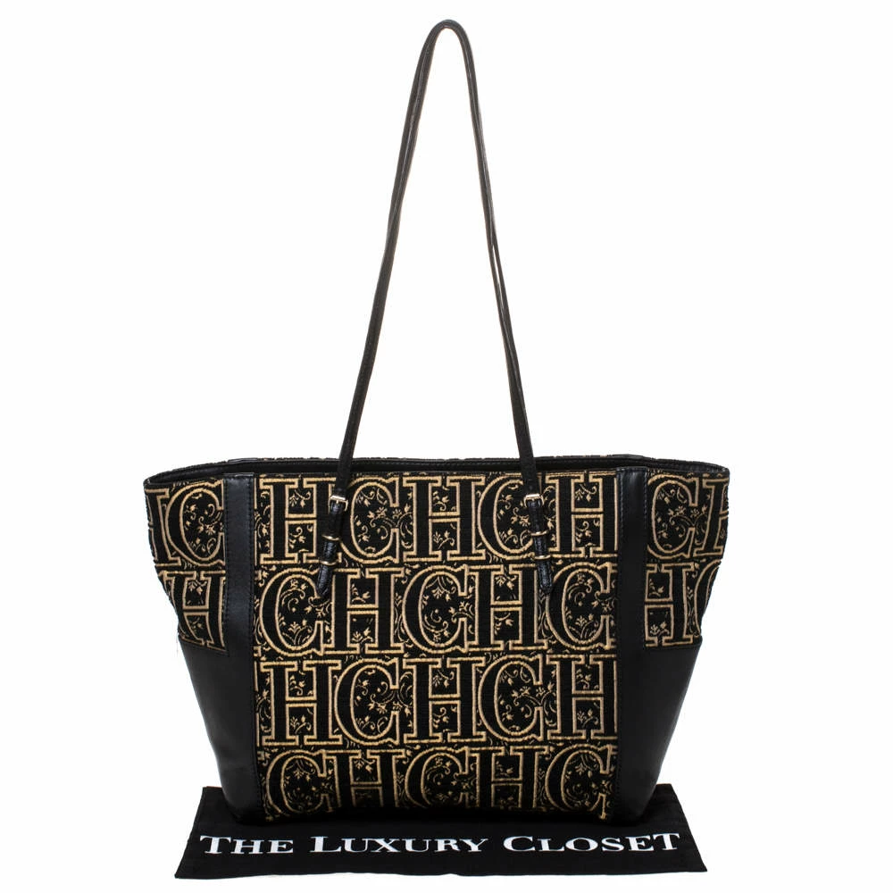Carolina Herrera Black/Gold Monogram Velvet and Leather Tote Women