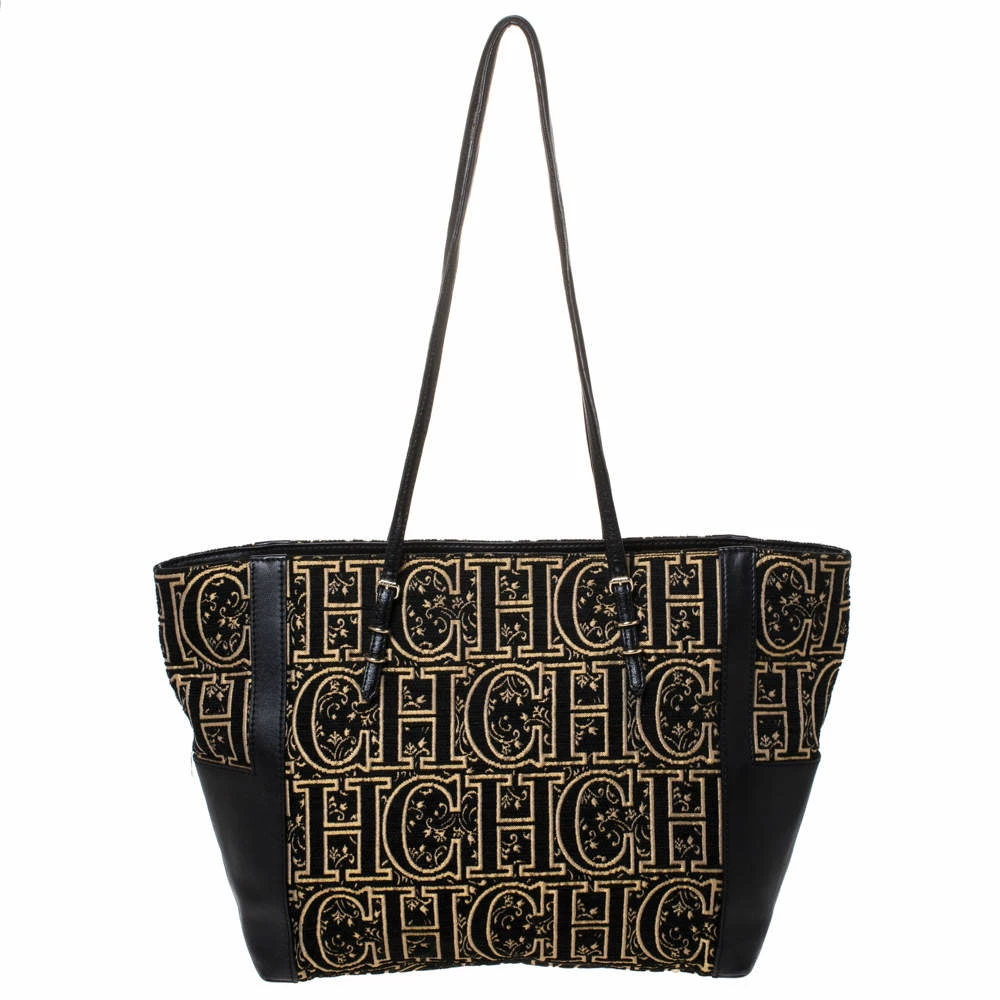 Carolina Herrera Black/Gold Monogram Velvet and Leather Tote Women