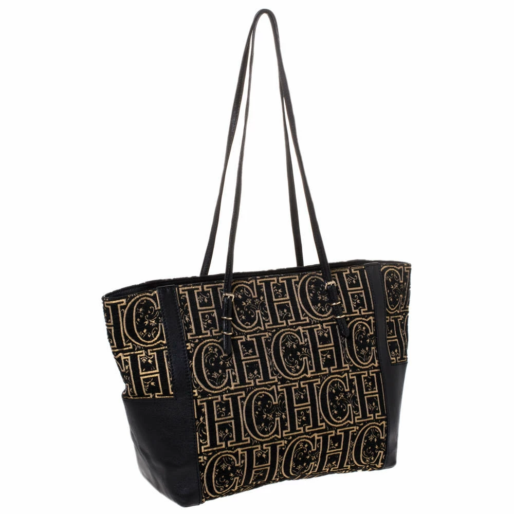 Carolina Herrera Black/Gold Monogram Velvet and Leather Tote Women