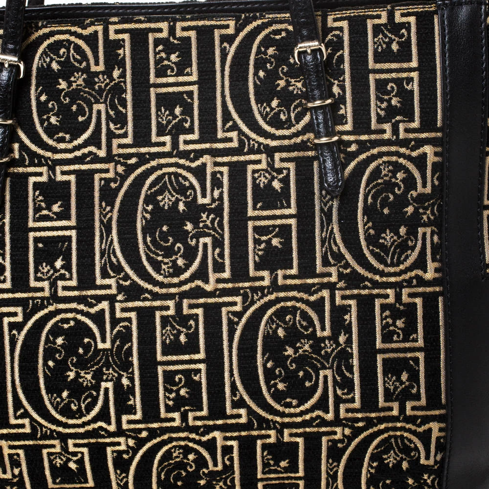 Carolina Herrera Black/Gold Monogram Velvet and Leather Tote Women