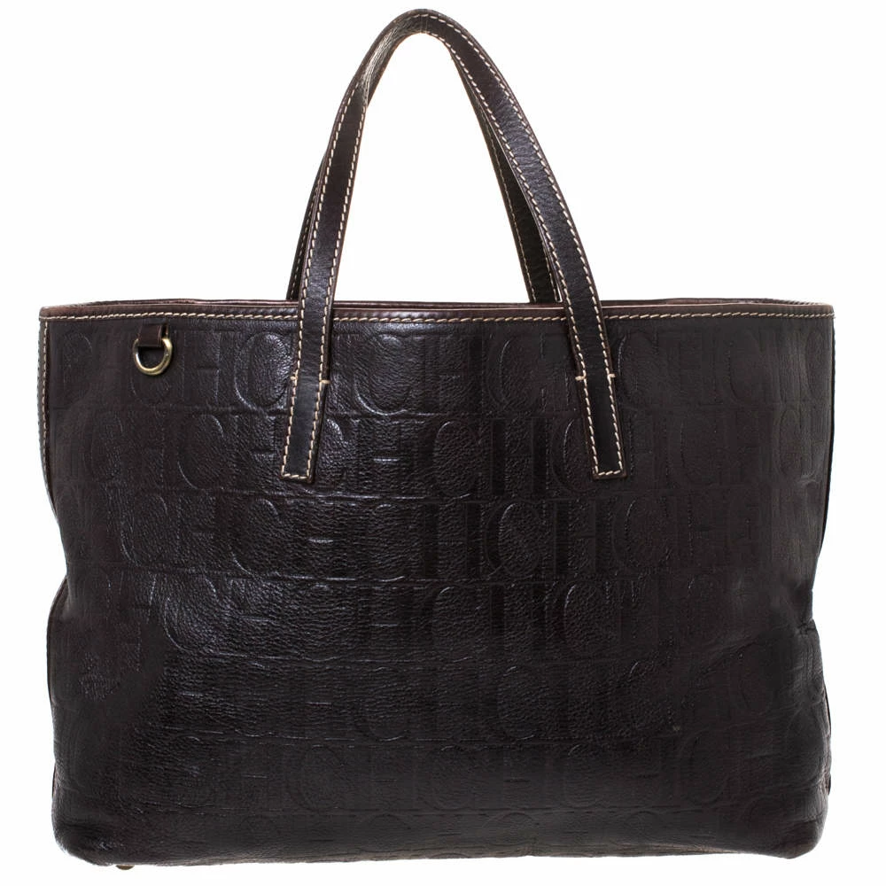 Carolina Herrera Dark Brown Monogram Leather Tote Women