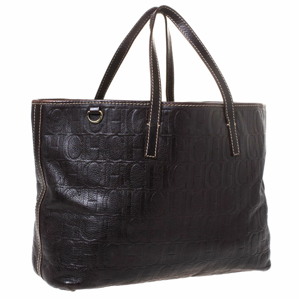 Carolina Herrera Dark Brown Monogram Leather Tote Women