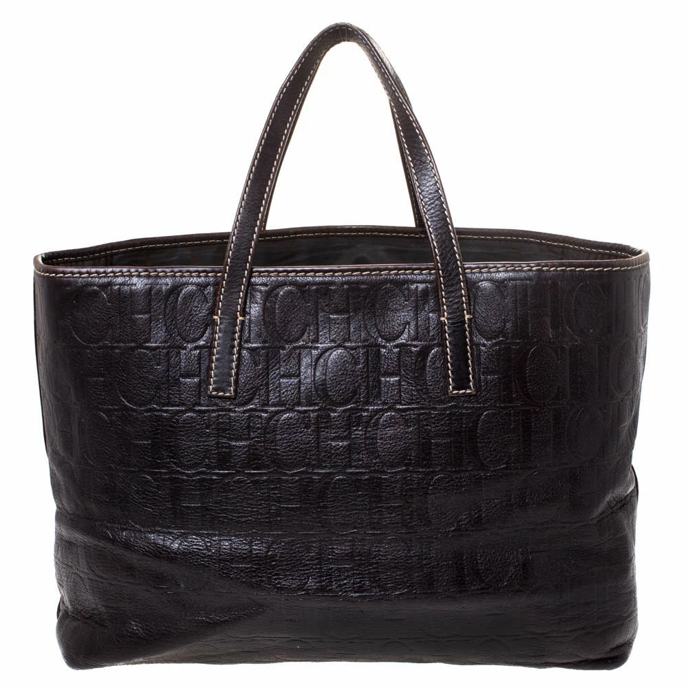 Carolina Herrera Dark Brown Monogram Leather Tote Women