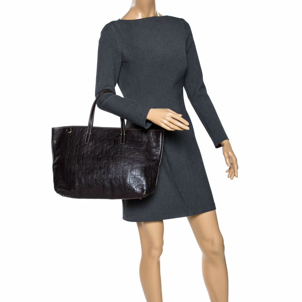 Carolina Herrera Dark Brown Monogram Leather Tote Women