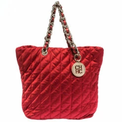 Carolina Herrera Red Quilted Satin Chain Tote Women