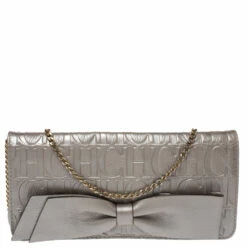 Carolina Herrera Silver Monogram Leather Bow Chain Clutch Women