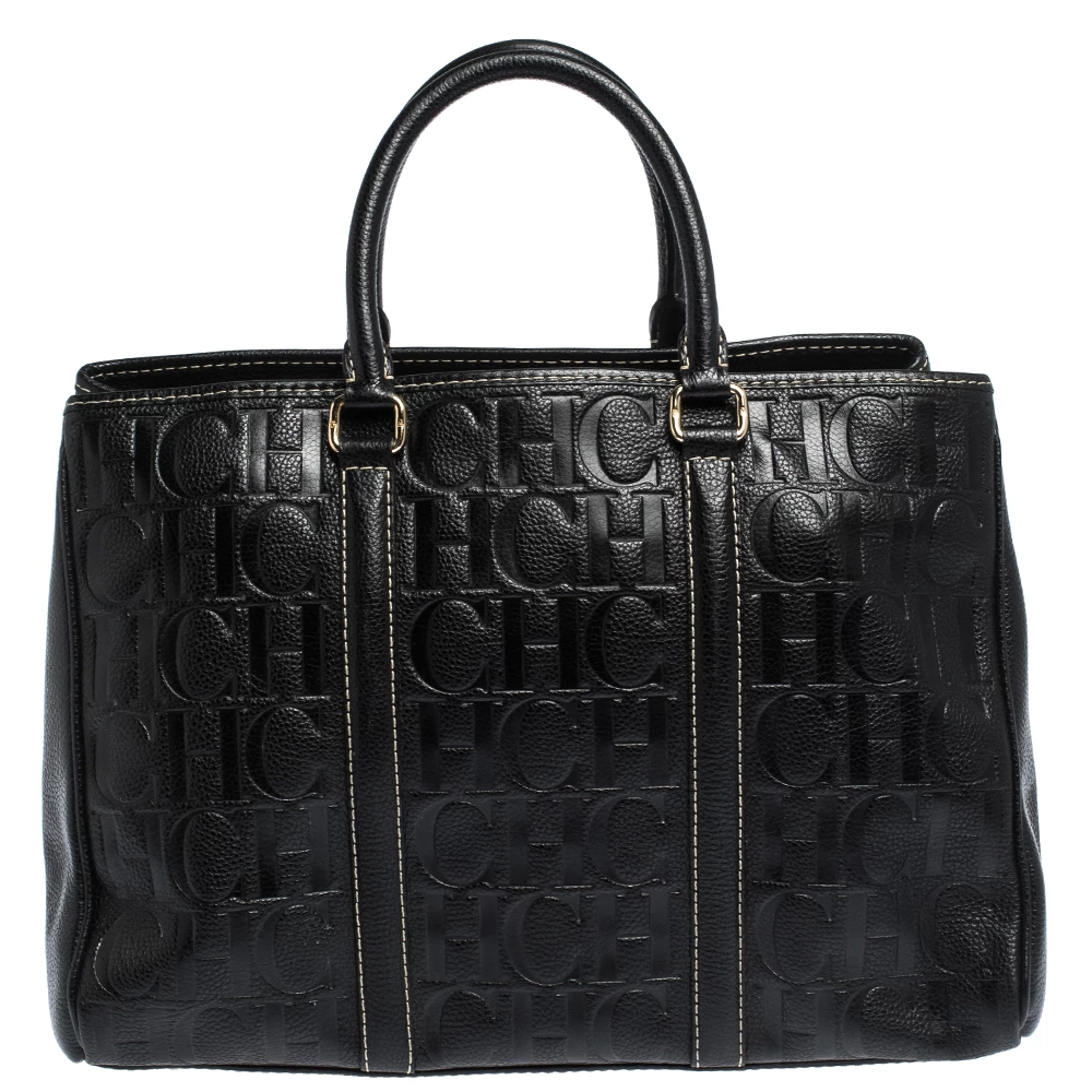 Carolina Herrera Black Monogram Leather Matteo Tote Women