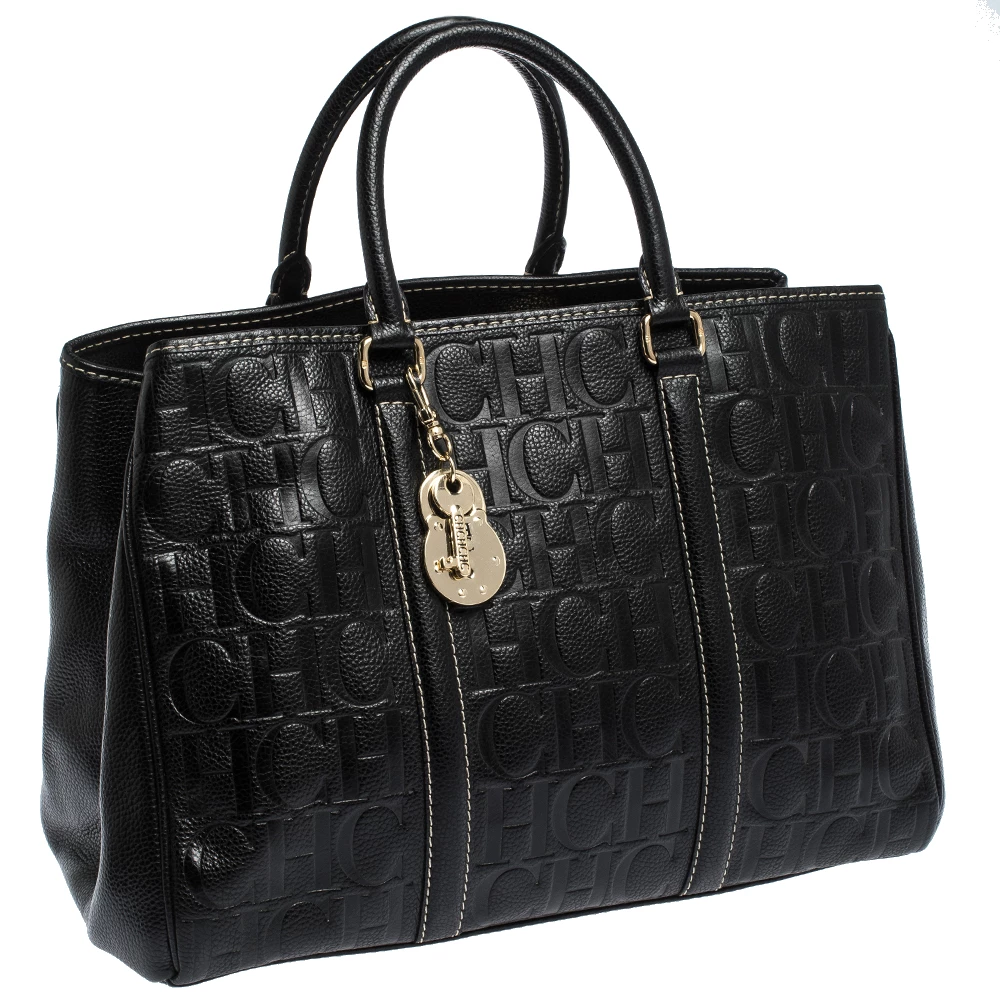 Carolina Herrera Black Monogram Leather Matteo Tote Women