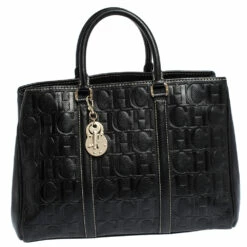 Carolina Herrera Black Monogram Leather Matteo Tote Women