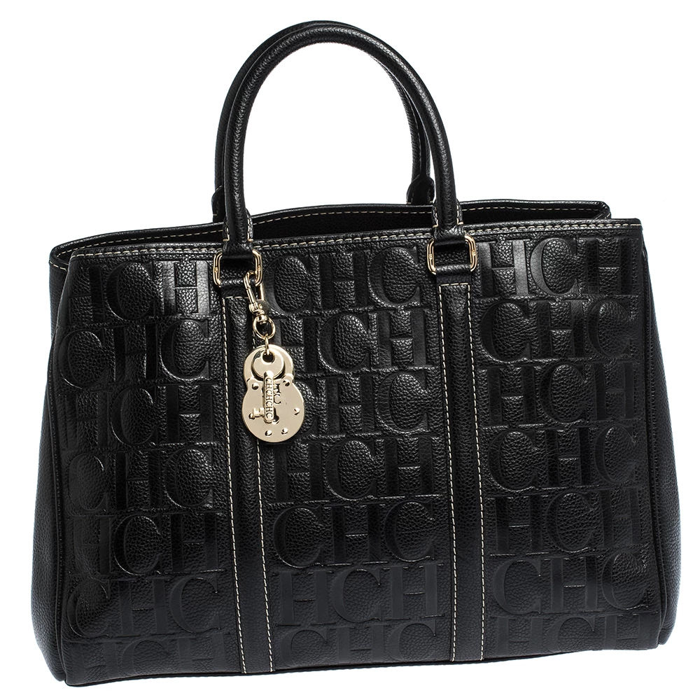 Carolina Herrera Black Monogram Leather Matteo Tote Women